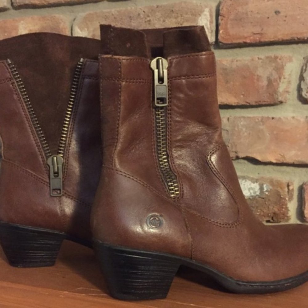 BORN Brown Leather Double Zip Ankle Boots